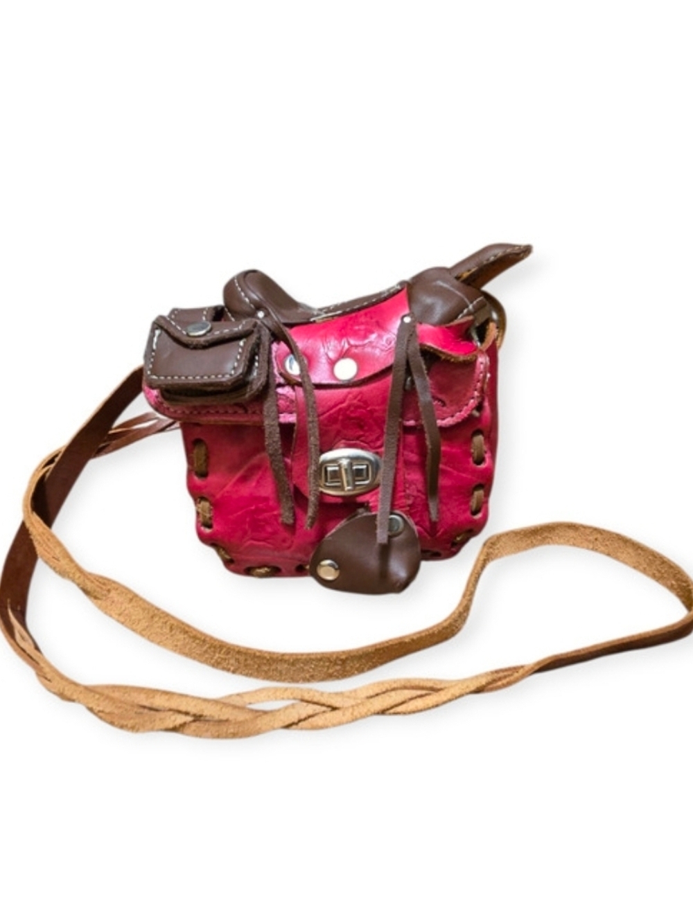 Genuine Leather Red Brown Silver Horse‎ Equestrian Mini Vintage Saddle Bag